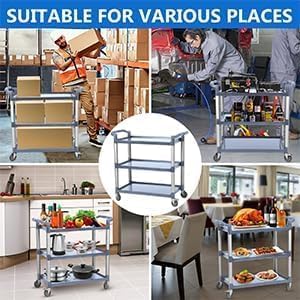 3-Tier Rolling Utility Cart with Wheels – Heavy Duty Plastic 3-Shelf Push Cart for Commercial, Restaurant, Foodservice, Office & Kitchen | Grey Service Cart