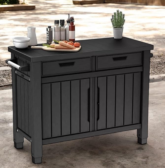 BBQ Outdoor Grill Table, Buffet, Entertainment and Storage Cabinet w/Drawers, Graphite Gray