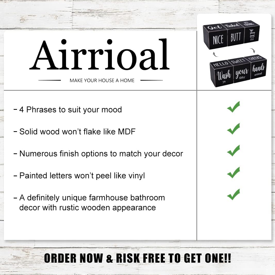 Farmhouse Black Bathroom Decor, 4-Sided Sign - Nice Butt&Get Naked&Hello Sweet Cheeks&Wash Your Hands Wooden Rustic Cute Funny Bathroom Decorations for Shelf Restroom, 2.8"