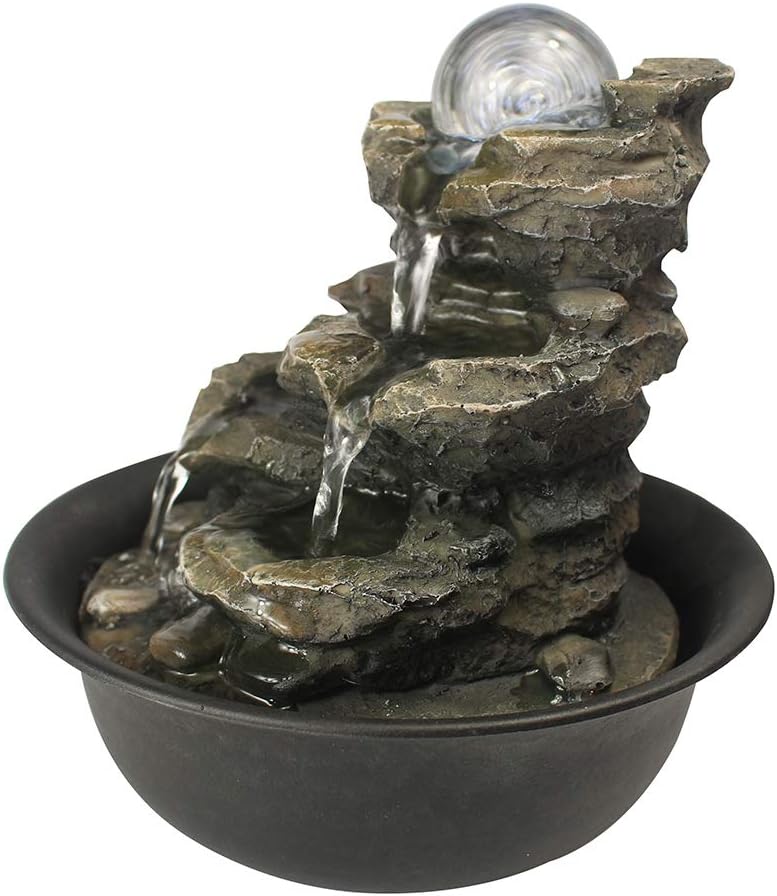 8.3" High 4-Tier Cascading Rock Falls Tabletop Water Fountain with LED Light & Spinning Ball - Indoor Small Waterfall Feature for Office, Home and Bedroom Desktop Decor Dark Grey