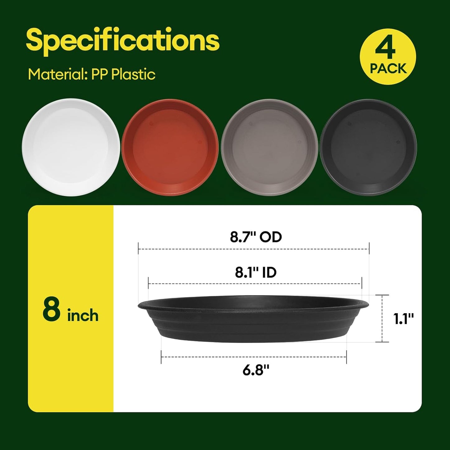 4 Pack Plant Saucer, 8 10 12 inch Plant Saucers for Indoor, Heavy Duty Plastic Plant Trays for pots, Grow Bags, Bird Baths, Flower Drip Trays for Indoor and Outdoor Uses (8", 4 Colors)