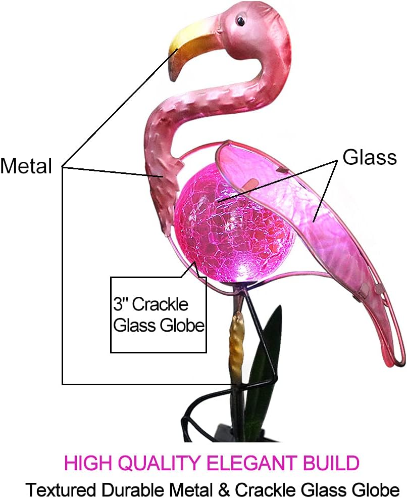 Bright Zeal 14" Big Metal Outdoor Solar Lights Waterproof Flamingo Garden LED Stake Light - Solar Pink Flamingos Yard Ornaments - Stake Lights Yard Decor Metal Yard Art