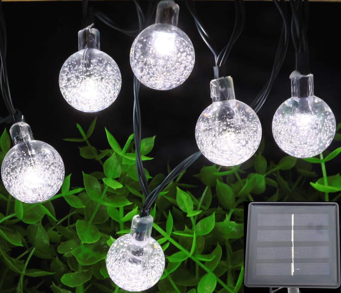Solar String Lights Outdoor, 20ft Waterproof 30 LEDs 8 Modes Crystal Globe Solar String Fairy Lights Backyard Patio Christmas Lights for Holiday Party Gardens Backyard Wedding (White)