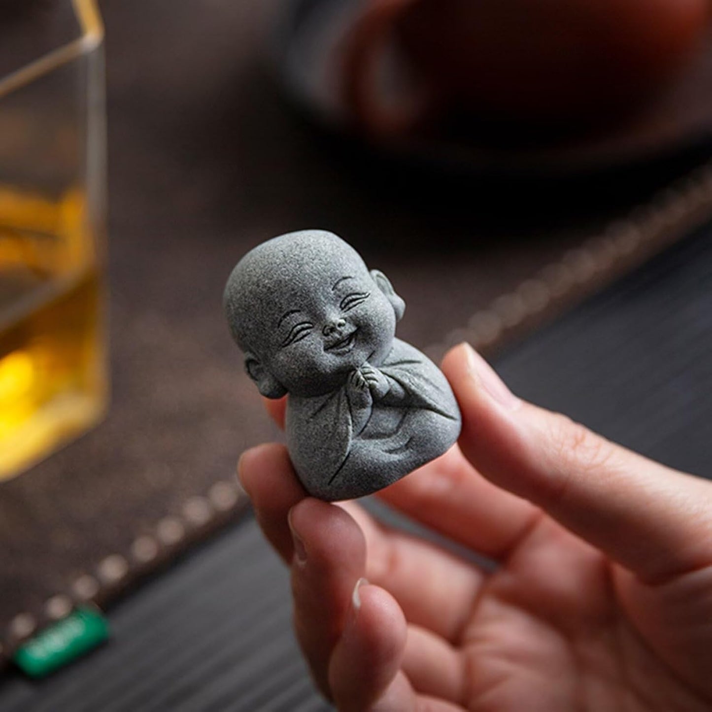 Laughing Buddha Statue Decor - 4Pcs Small Zen Monk Sandstone Buddha Sculpture for Wealth Good Luck Feng Shui Decor, Cute Zen Decoration for Home Office Desk Indoor and Outdoor(Gray)