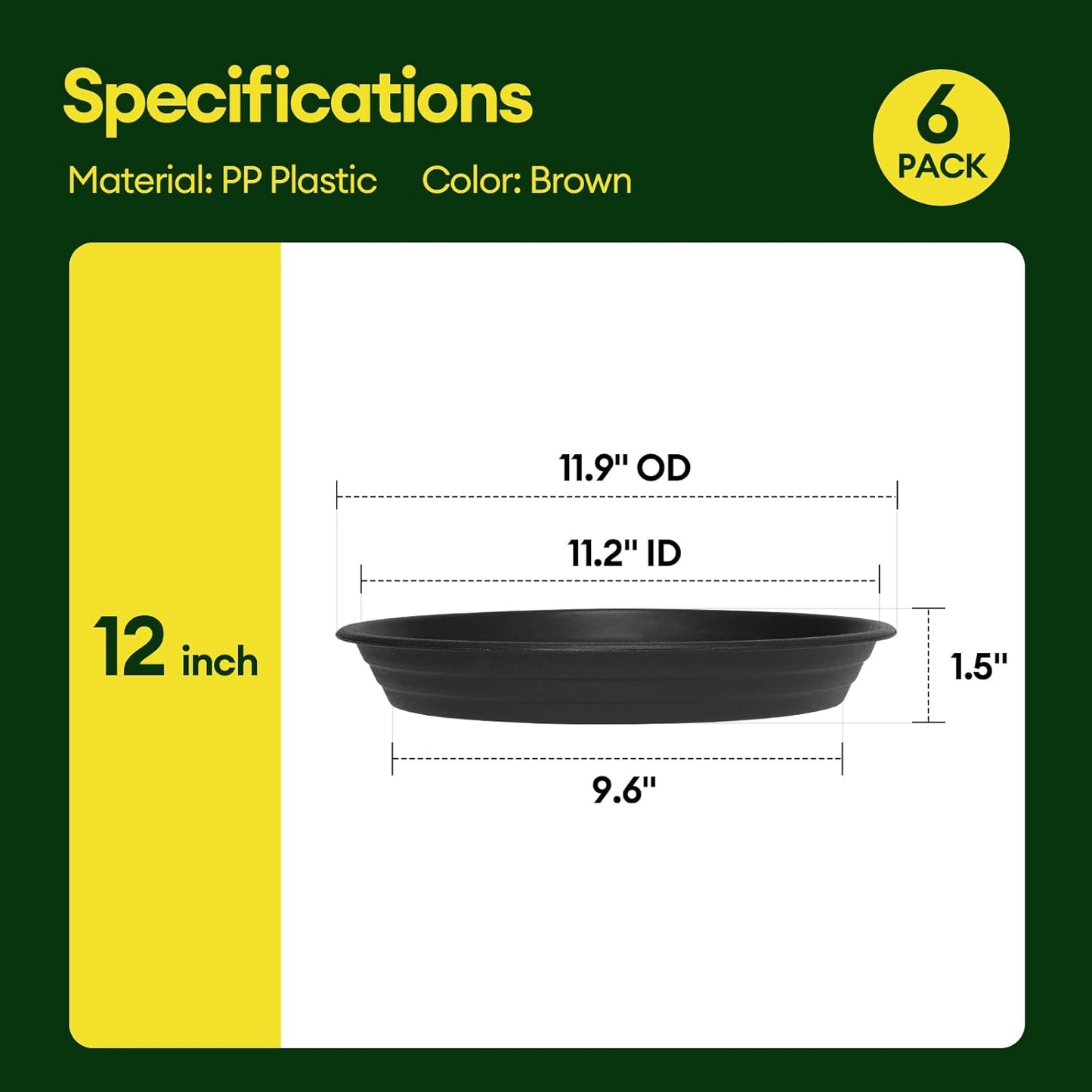 6 Pack Plant Saucer, 8 10 12 inch Plant Saucers for Indoor, Heavy Duty Plastic Plant Trays for pots, Grow Bags, Bird Baths, Flower Drip Trays for Indoor and Outdoor Uses (12", Black)