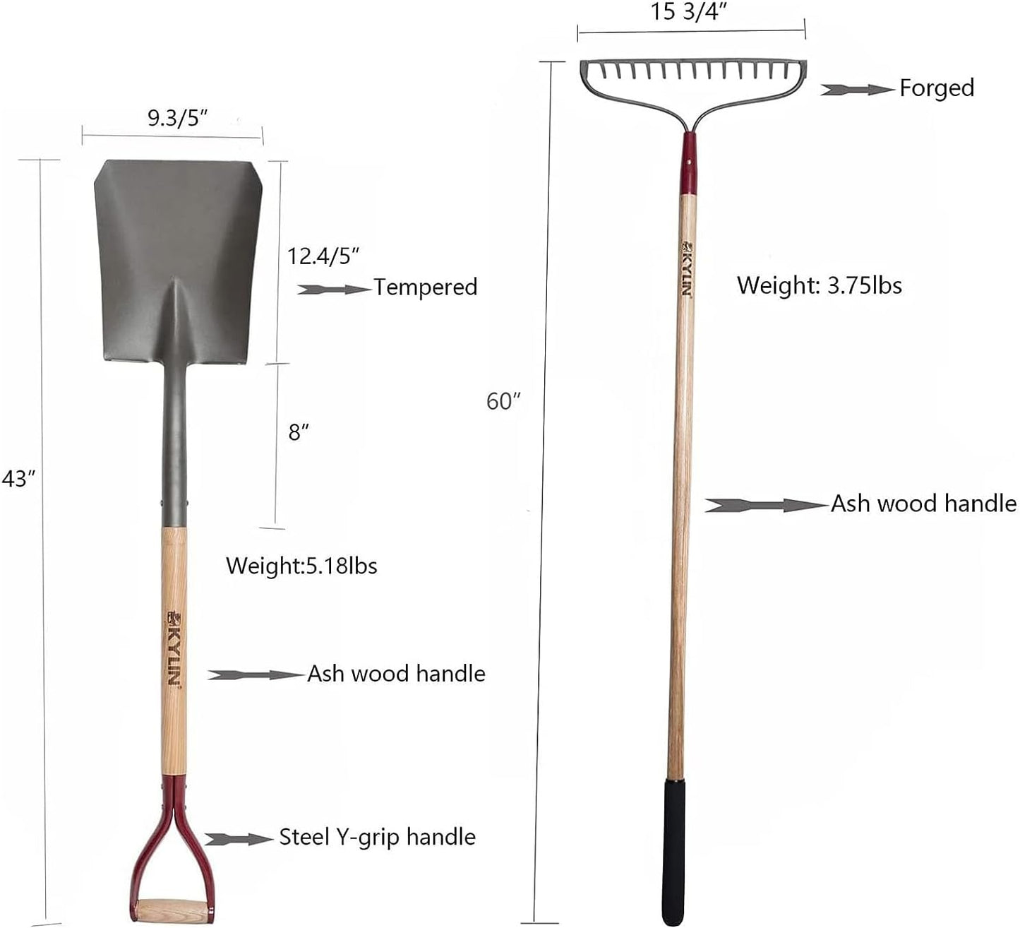 KYLIN 6-Piece Pro Long Ash Handle Garden Tools Set for Landscaping Agricture or Backyard,14-Gauge Shovels,Forged Rakes,Forged Weeding Hoe Sidewalk Scraper,