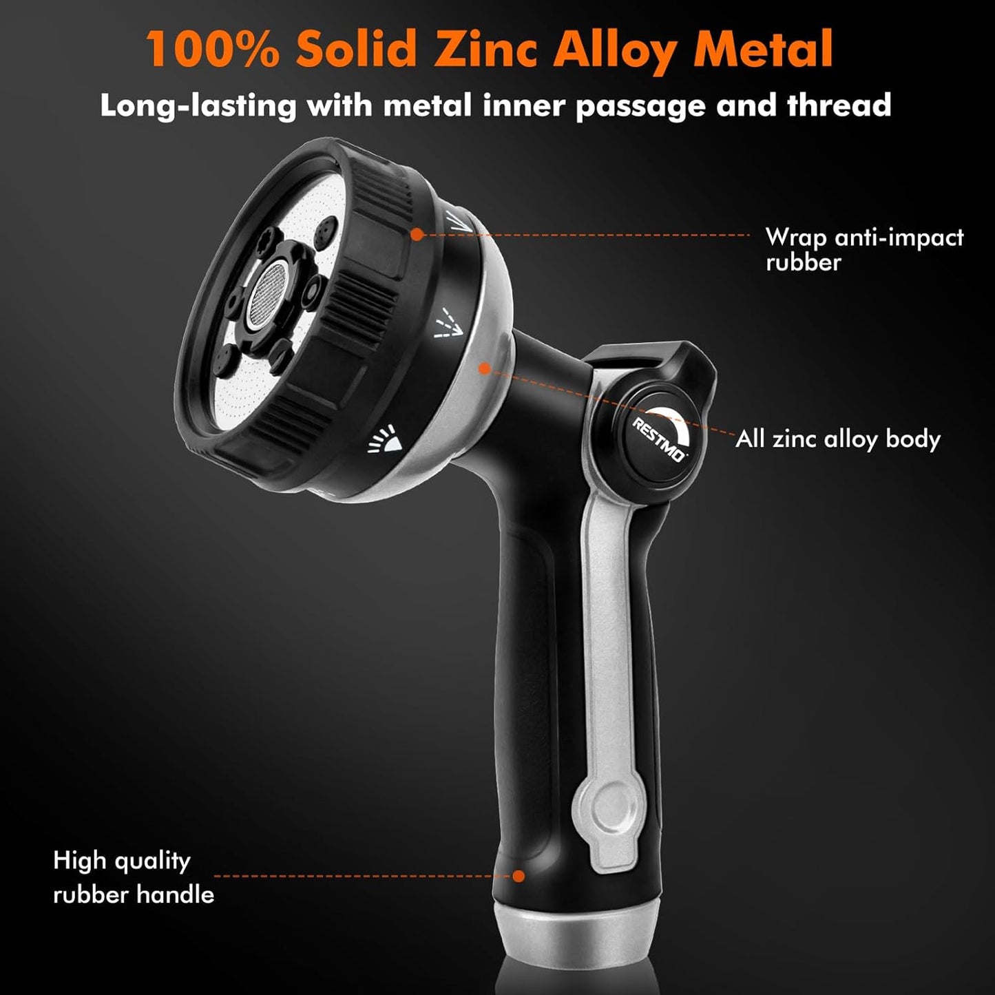 RESTMO Full Shower Hose Nozzle, Metal Spray Nozzle for Garden Hose, 8 Spray Patterns, Water Hose nozzle with Thumb Control, Ideal for Outdoor Lawn & Plant Watering, Car & Pet Washing, Silver