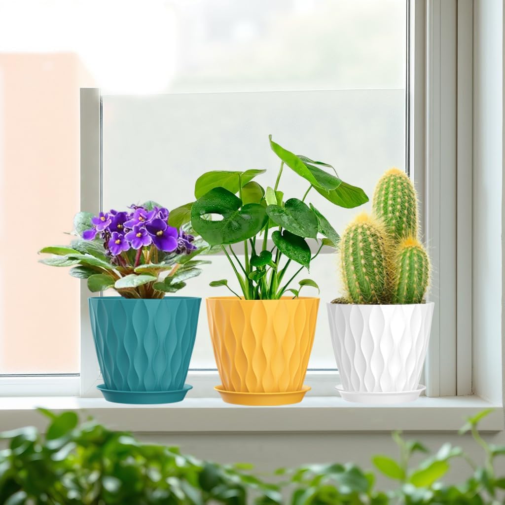 7 Inch Plant Pots Set of 5, Plastic Flower Pots with Drainage Holes and Trays, Planter Pot for Indoor Plants, Decorative Pots for Plants Indoor/Outdoor (Multicolor)