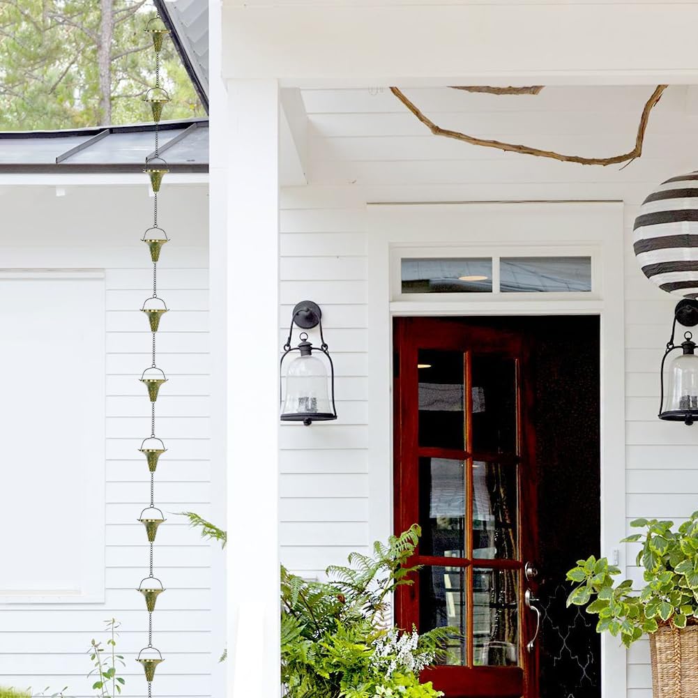 9.7ft Rain Chain, Rain Chain for Outside with 10 Funnel Shaped Cups Adjustable Metal Chain Rain Catcher Chain for Gutters, Eaves, Drains, Replacement Downspouts (Green)