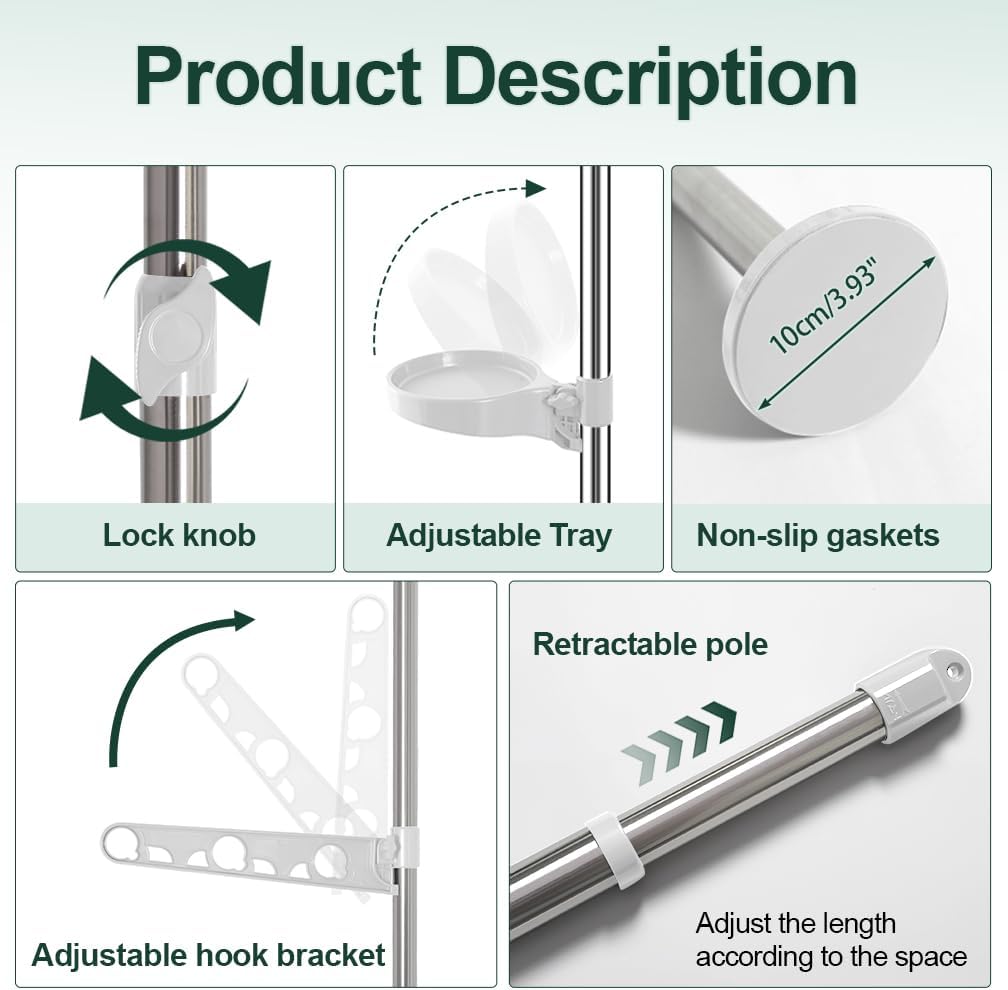 Hershii Adjustable Indoor Plant Stands Double Tension Pole Stainless Steel Flower Display Racks Holder Corner Storage Shelves with 12 Trays, 2 Hooks & 1 Telescopic Clothes Drying Hanging Rod - Ivory