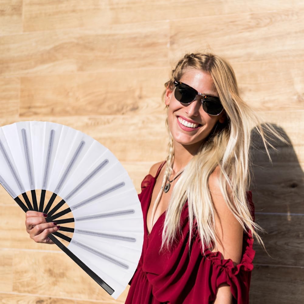 4 Pack Large Folding Hand Fan for Line Dance & Popping, Large Clap Rave Fan Chinese Kung Fu Hand Fan Decorative Folding Fans for Dance, Performance, Festival or Home Decorations(Black Pole White)