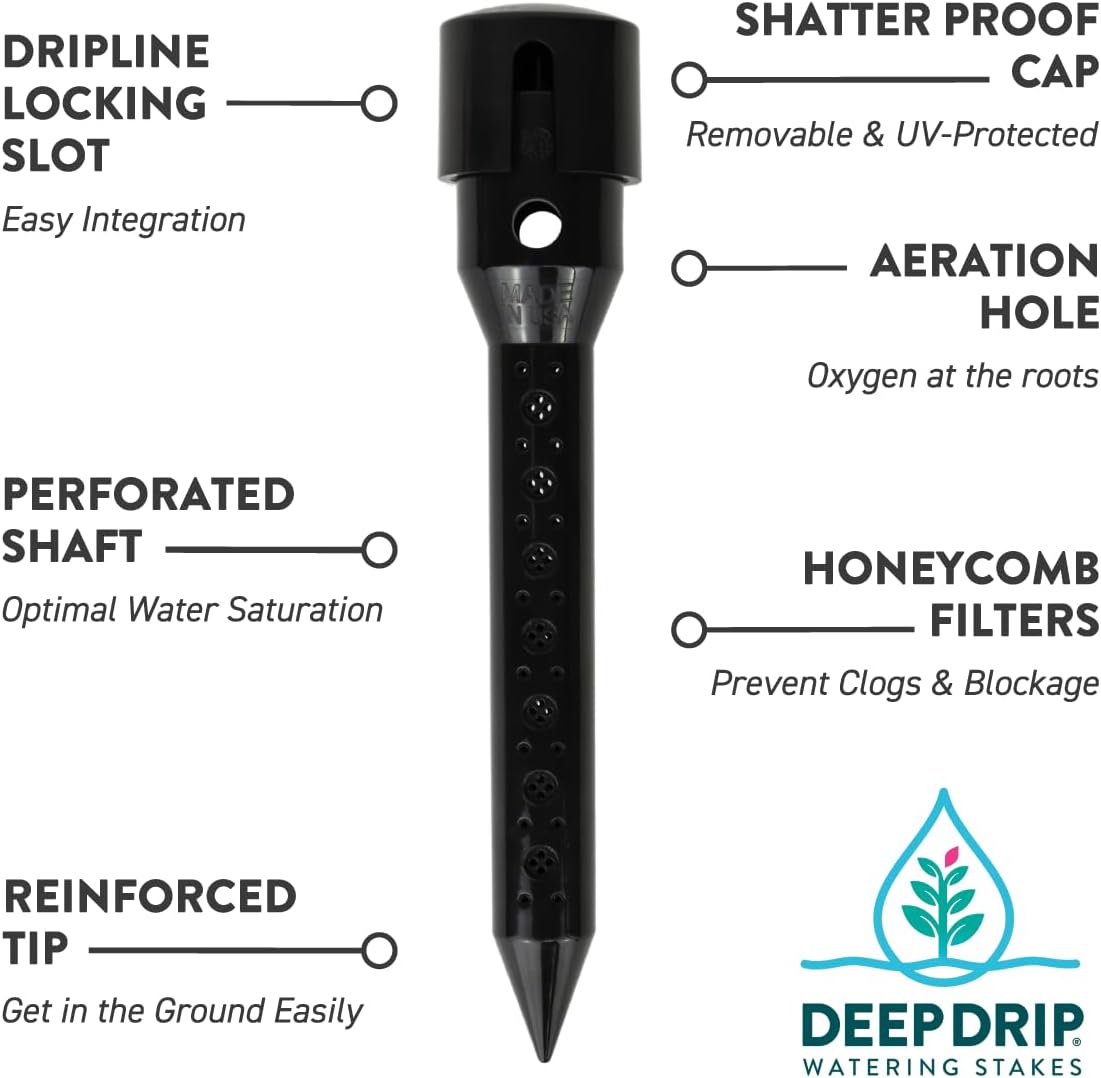 8 in. DEEP DRIP Garden Watering Stake (4 Pack) (Black) | UV-Protected ABS Plastic Deep Root Irrigation Spike for Flowers, Fruits, Vegetables, Potted Plants