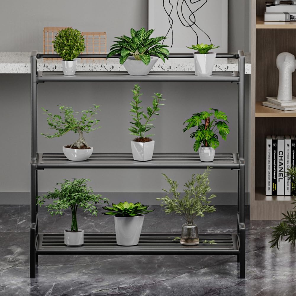 Versatile 3-Tier Metal Plant Stand, Waterproof and Rust-resistant, Heavy-duty Flower Pot Holder for Indoor/Outdoor Use - Adds Elegance to Garden and Home Decor, Black