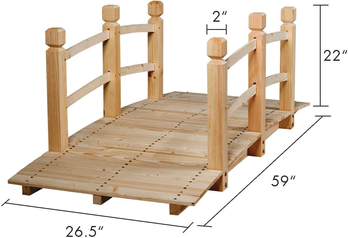 HAPPYGRILL Wooden Bridge, Natural Wood Garden Bridge with Guardrails, Outdoor Pond Bridge for Garden Backyard Decoration 5FT