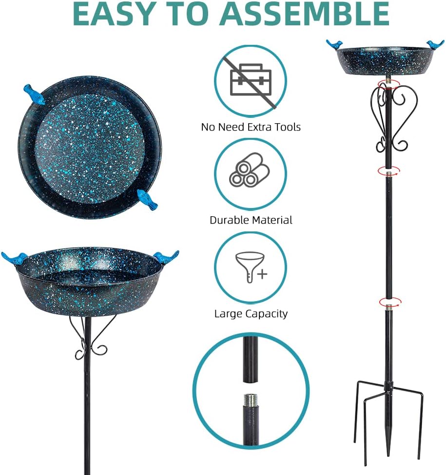 Outdoor Garden Bird Bath, Metal Birdbath with Stable Stakes Bird Feeders for Outdoor Yard Lawn Patio (3" Deep*35" Height)