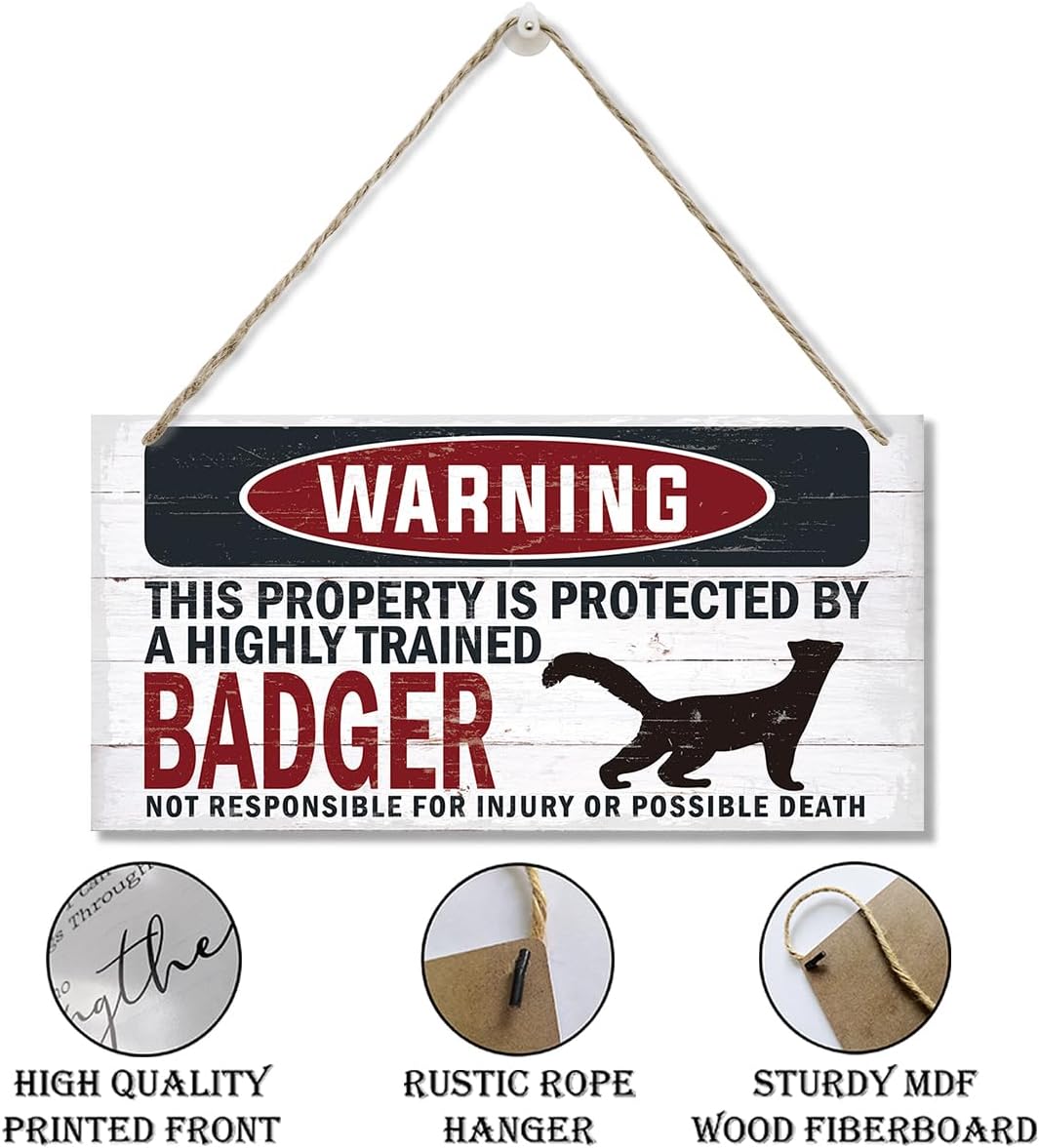Warning Sign, Badger Warning Wood Plaque Sign, Funny Door Signs, Decorative Wood Hanging Suspension Plaque, Farmhouse Wooden Wall Decor, Outdoor Hanging Wooden Signs