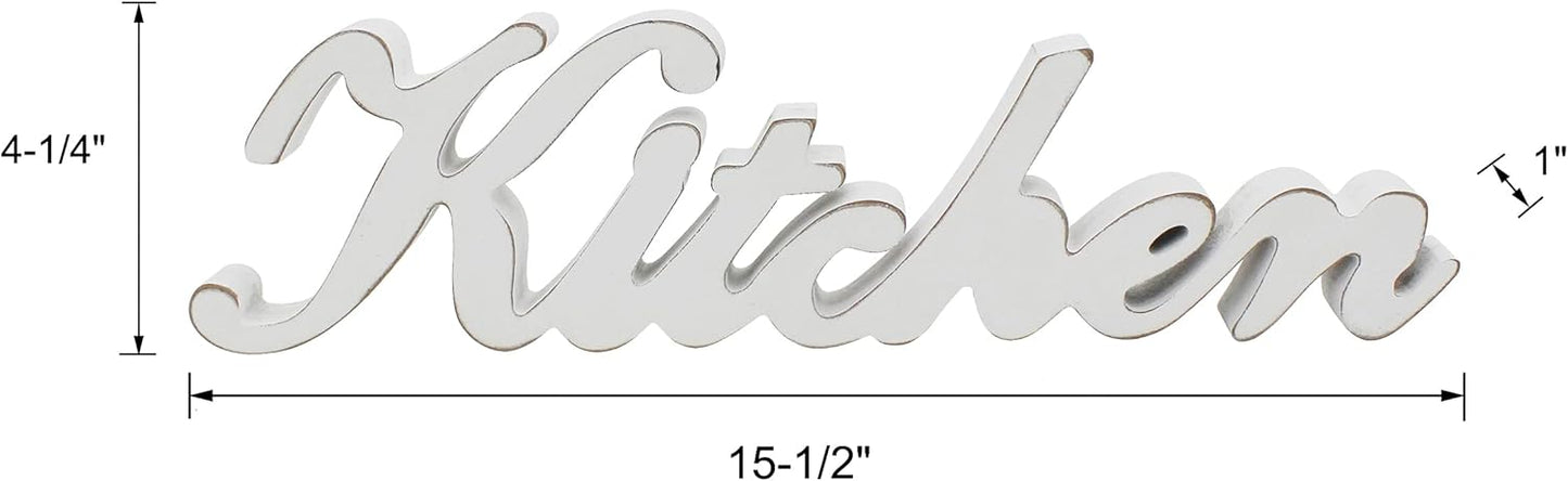 CVHOMEDECO. Rustic Vintage Distressed White Wooden Words Sign Free Standing "Kitchen" Desk/Table/Shelf/Door/Home Wall Decoration Art, 15-1/2 x 4-1/4 x 1 Inch