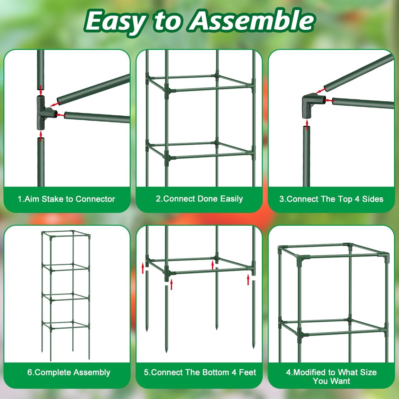 6Pack Tomato Cage, 57*15.4*15.4 Inches Garden Tomato Cages Plant Support Square Pole, Heavy Duty Steel Plant Tower Stakes,Cherry Tomato Trellis Cucumber for Climbing Vegetables Flowers Fruits-Green