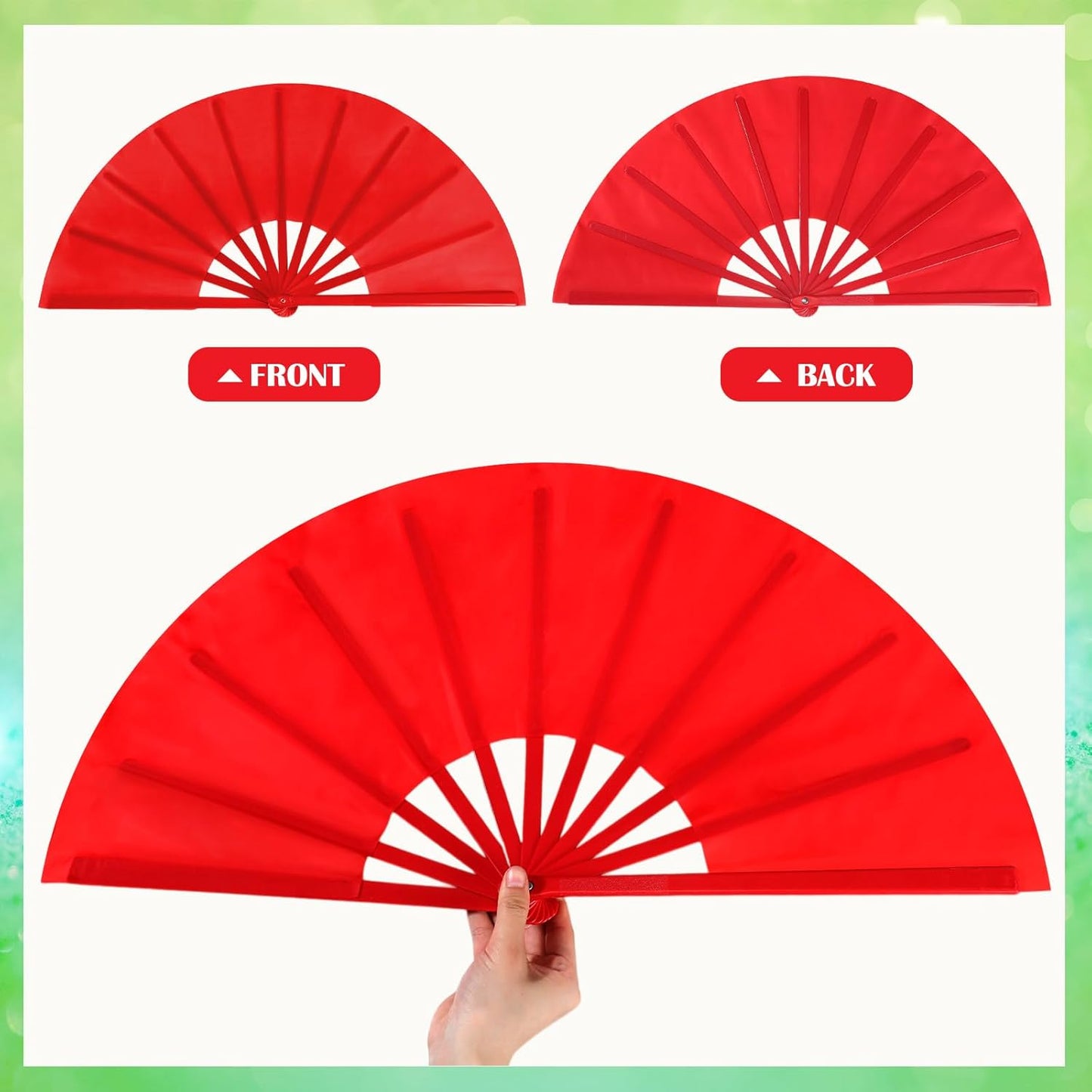 Maitys 2 Packs Large Clap Fans for Line Dancing Large Chinese Folding Hand Fans for Men and Women, Festival, Tai Ji, Kungfu, Martial Art, Gifts (Green and Red)
