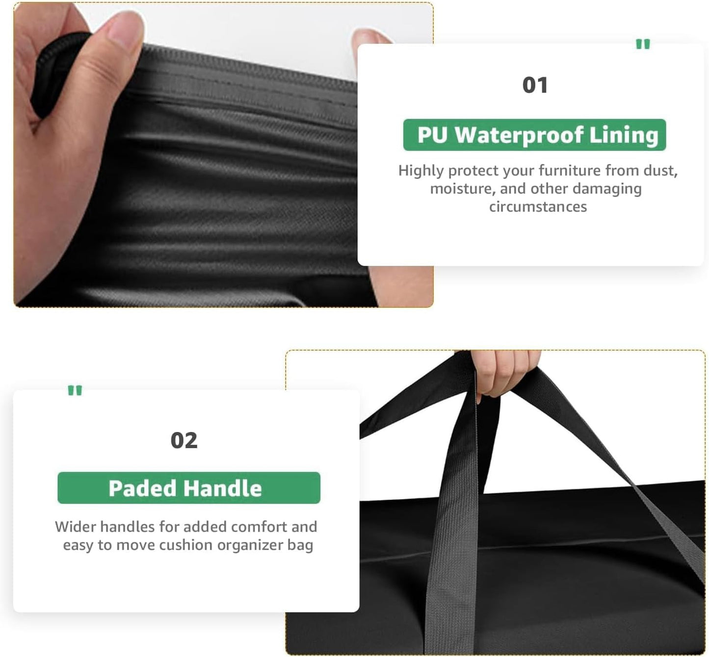 420D Waterproof Garden Cushion Storage Bag - 68" Rectangular Outdoor Patio Bag With Zipper and Handles - Extra Large 68" L x 29" H x 20" W Black