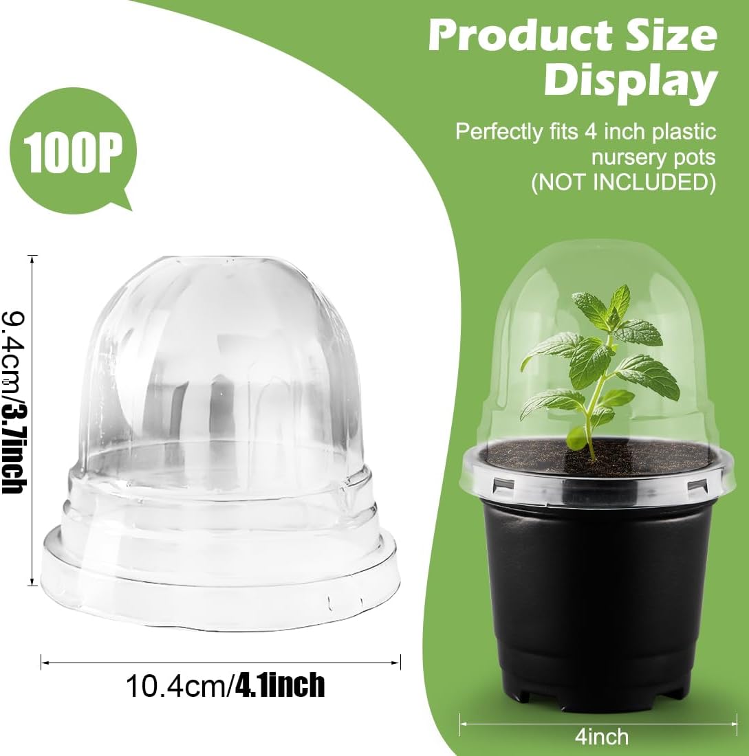 Humidity Domes for 4 Inch Pots, 100 Pack Transparent Plant Dome Covers with Ventilation, Clear Nursery Pot Domes for Seed Starting, Seedling Germination, and Gardening