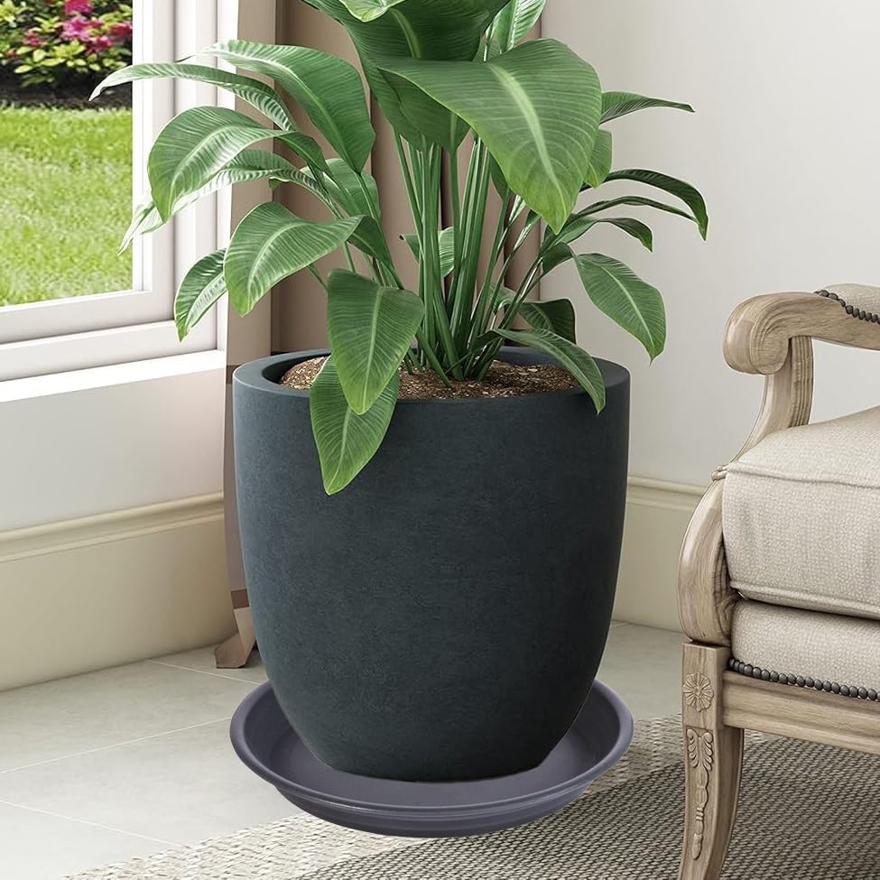 2 Pack Plant Saucer Drip Tray 13 14 inch, Large Plastic Flower Planter Saucers and Drip Trays for Indoors Outdoors, Heavy Durable Plant Plate Water Catcher (14", Dark Gray)