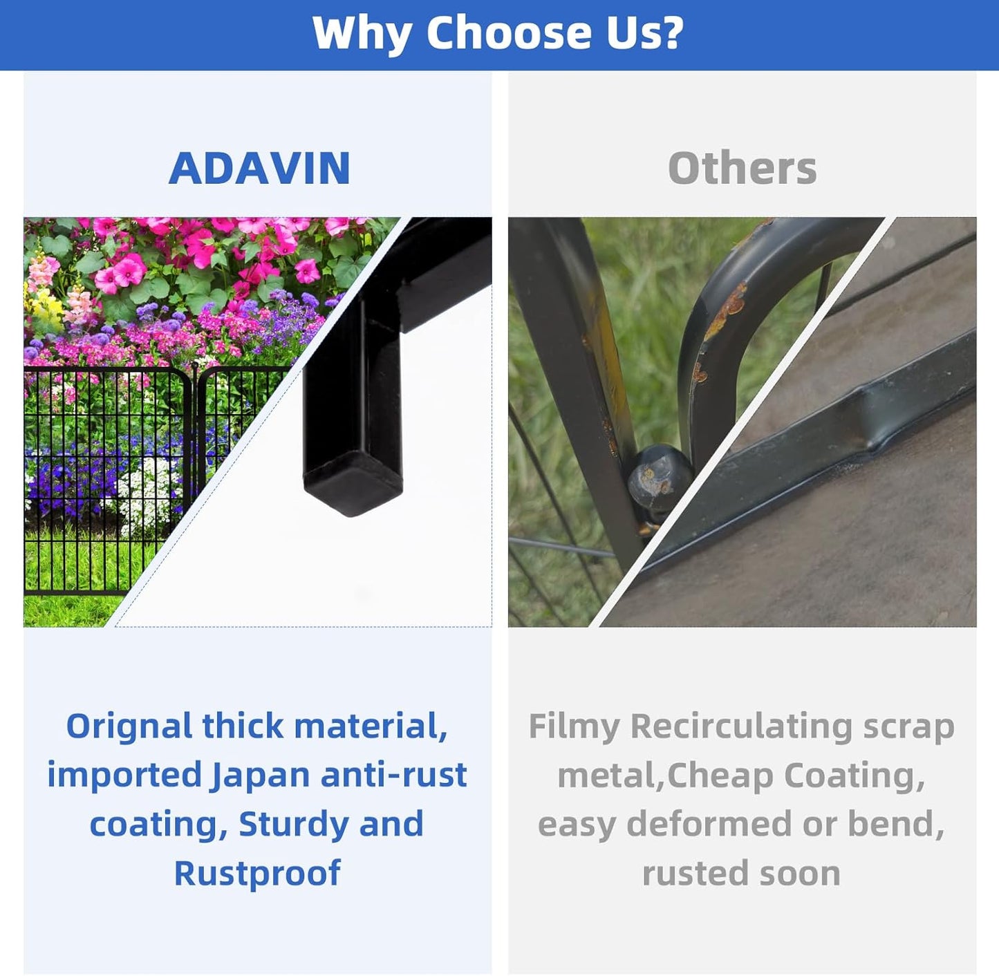 ADAVIN 48 in(H) Garden Fence Panels, 8 Panels Total 17.7 Ft(L), Heavy Duty Iron Metal Animal Barrier Fence, Fencing for Flowers Beds, Camping Fence, No Dig Garden Border Fencing for Yard(No Gate)