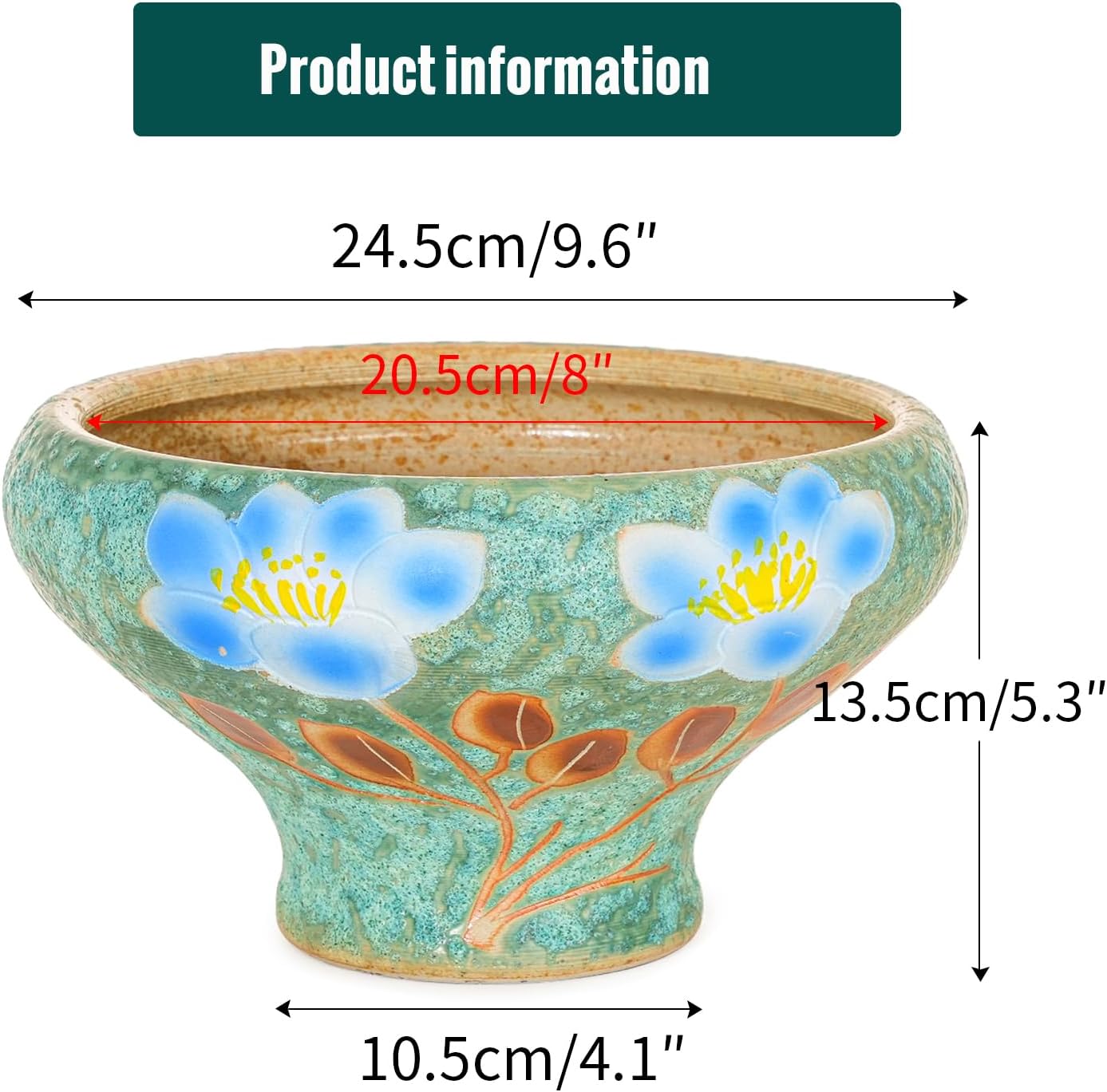 Sungmor 9.6 Inch Large Succulent Plant Pots, Pretty Hand Painted Ceramic Planter with Drainage, Indoor Outdoor Cactus Planter Bonsai Pot, Flower Pot for Indoor Plants Garden Windowsill Desktop Decor