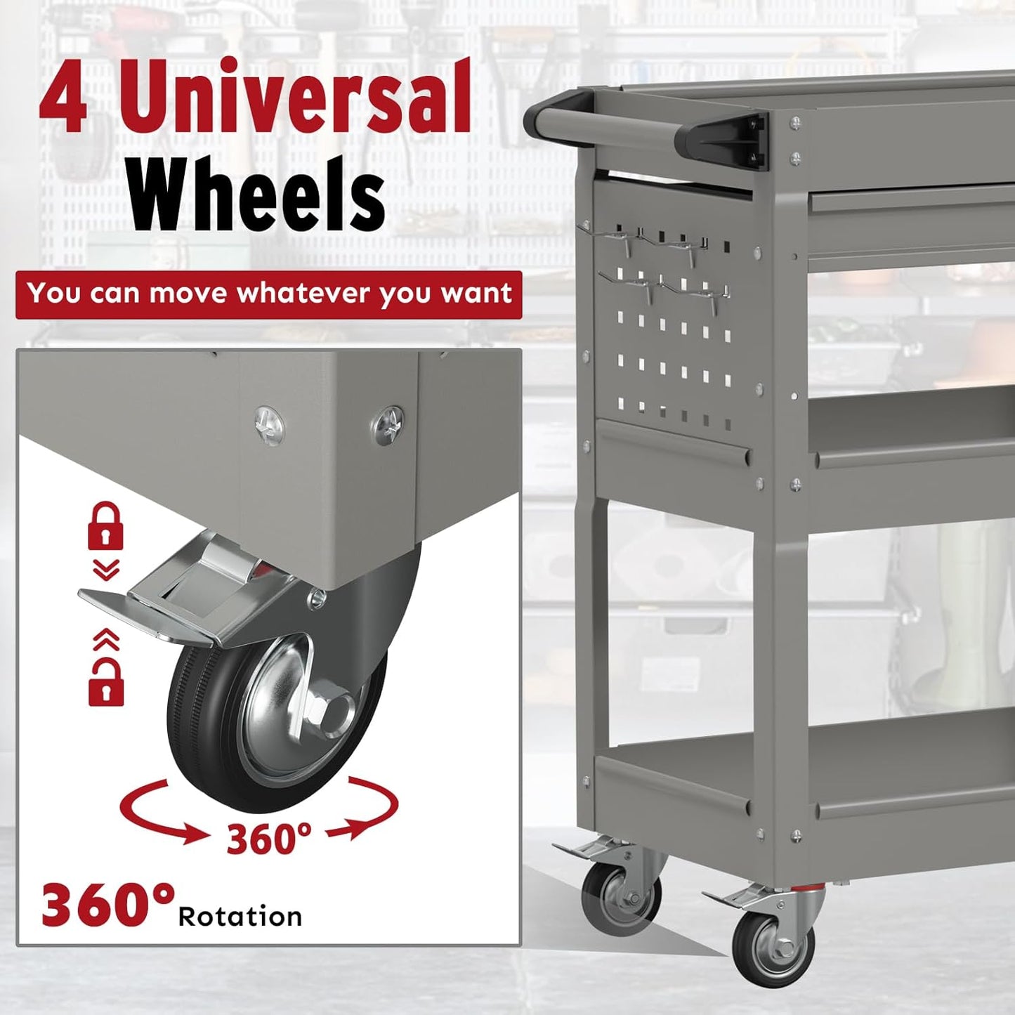 3 Tier Rolling Cart, Heavy Duty Utility Industrial Service Carts on Wheels, Metal Tool Cart with Locked Drawers, Ideal for Garage, Warehouse and Repair Shop(Grey)