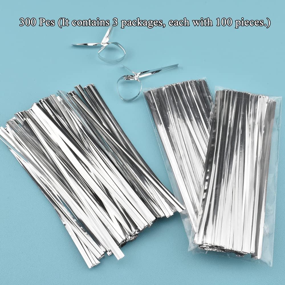 HAHIYO 300Pcs 4 Inches Silver Metal Twist Ties for Bread, Candy, Coffee, Plant Garden, Cellophane Treat Bags, Gift Wrapping, Halloween Party, Cake Present, Art Crafts