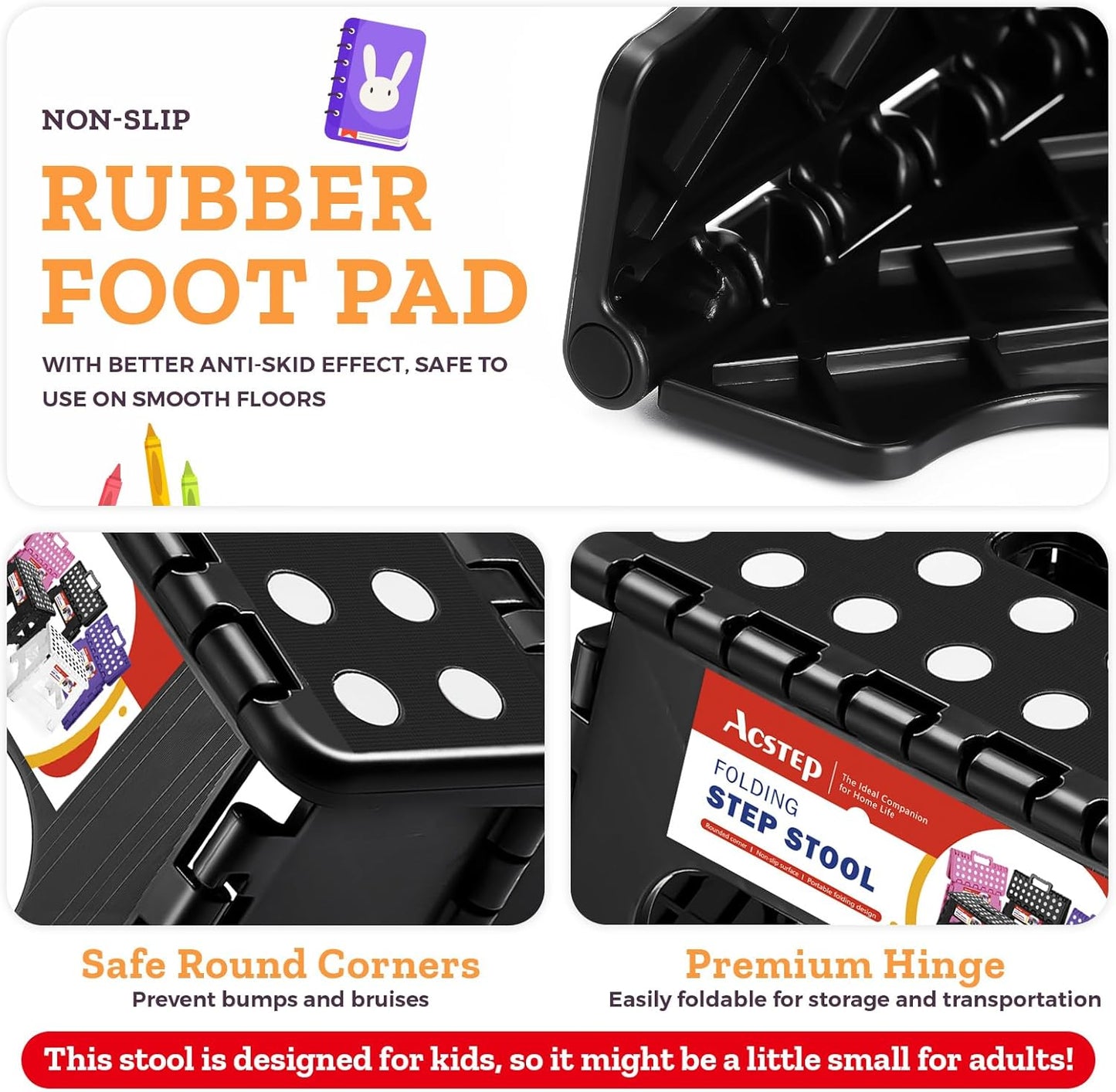 ACSTEP 7.5 Inch Folding Step Stool Foldable Stool Height Kids Step Stool, 176 lb Capacity Plastic Collapsible Stool, Black Small Stepping Stools, Foot Stools Suitable for Kitchen