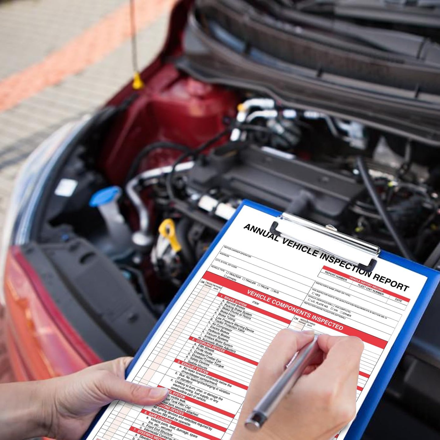 Annual Vehicle Inspection Report Form with Red Exterior Aluminum Inspection Label (6"x3.5"), and White Interior Inspection Label (5"x4") 25-pk