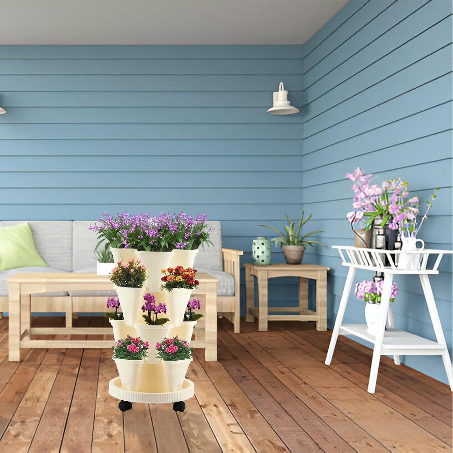 4 Tier Garden Tower Strawberry Planter Stackable Vertical Garden Planter for Herb Flowers Succulents and Lettuce Indoor/Outdoor Off-White