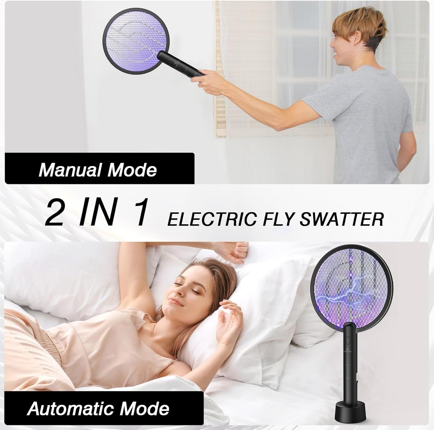 Bug Zapper Racket, 2 in 1 Fly Swatter USB Rechargeable, 4000V Electric Fly Zapper with 4 Layer Safety Mesh,Electric Racket for Kitchen, Home, Garden and Outdoors