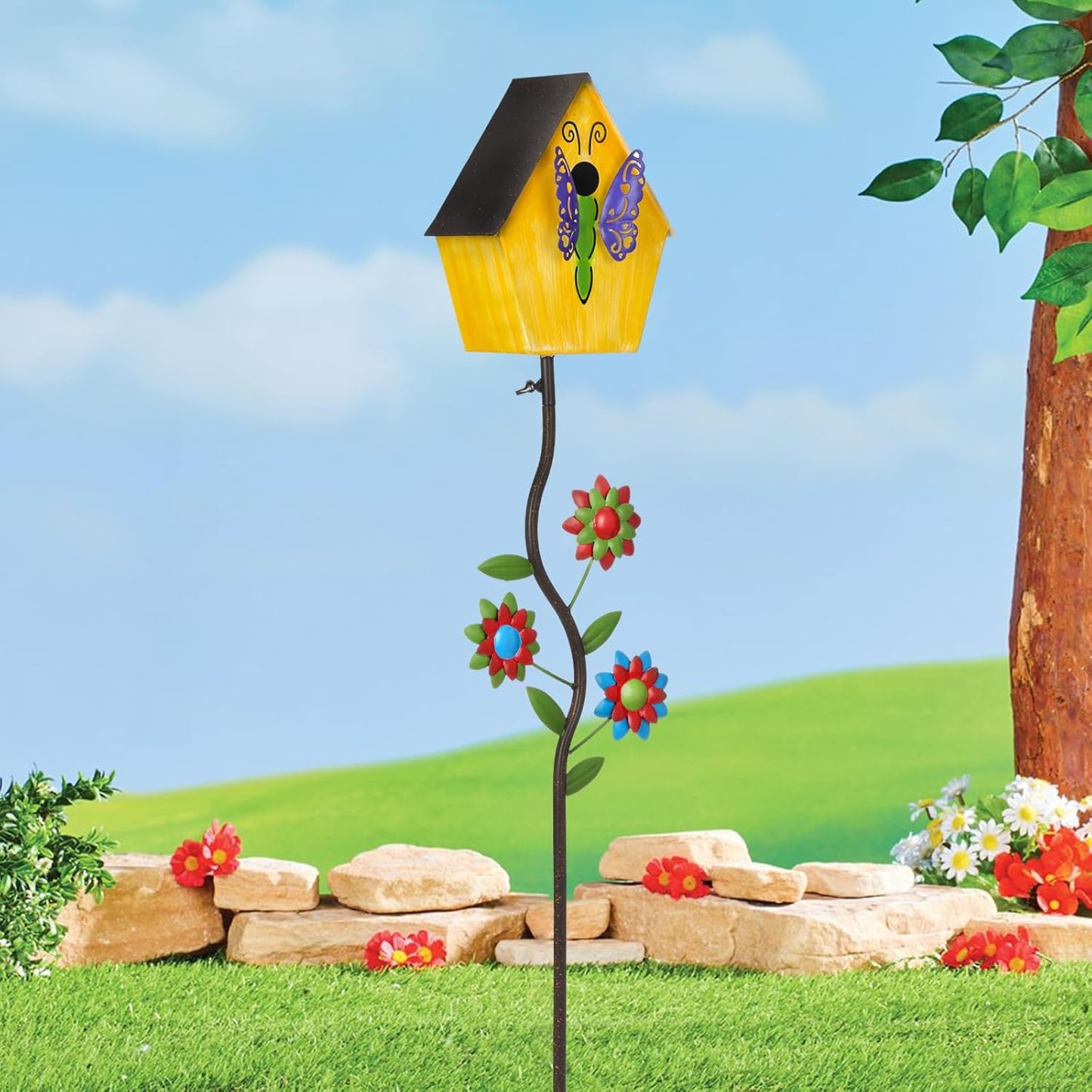 51” Bird Houses Stake for Outside, Metal Wild Bird Feeder Birdhouse Stake Pole with Butterfly Design Outdoor Decorations for Patio, Backyard, Garden