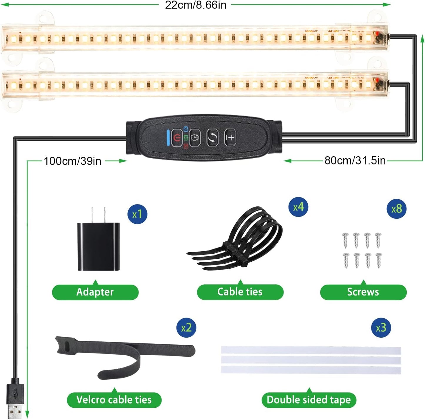 8.6'' Mini LED Grow Light Strips, Full Spectrum 3000K, 52 LED Plant Light with 3/9/12H Timer, 10 Dimmable Levels for Seedling, Succulent and Plant Shelf, 2 Head