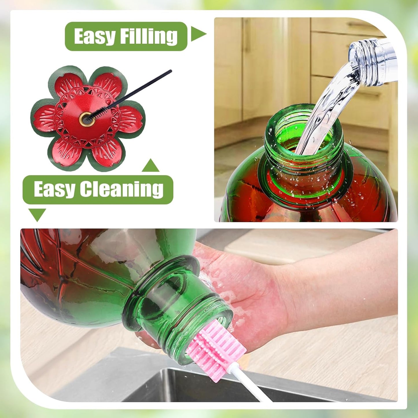 BOLITE Hummingbird Feeder, Glass Hummingbird Feeders for Outdoors Hanging, 22 Ounce, Five Feeding Ports with Perch, Peony Flower Shape, Red and Green, Gifts for Women Men, Gifts for Mom Dad