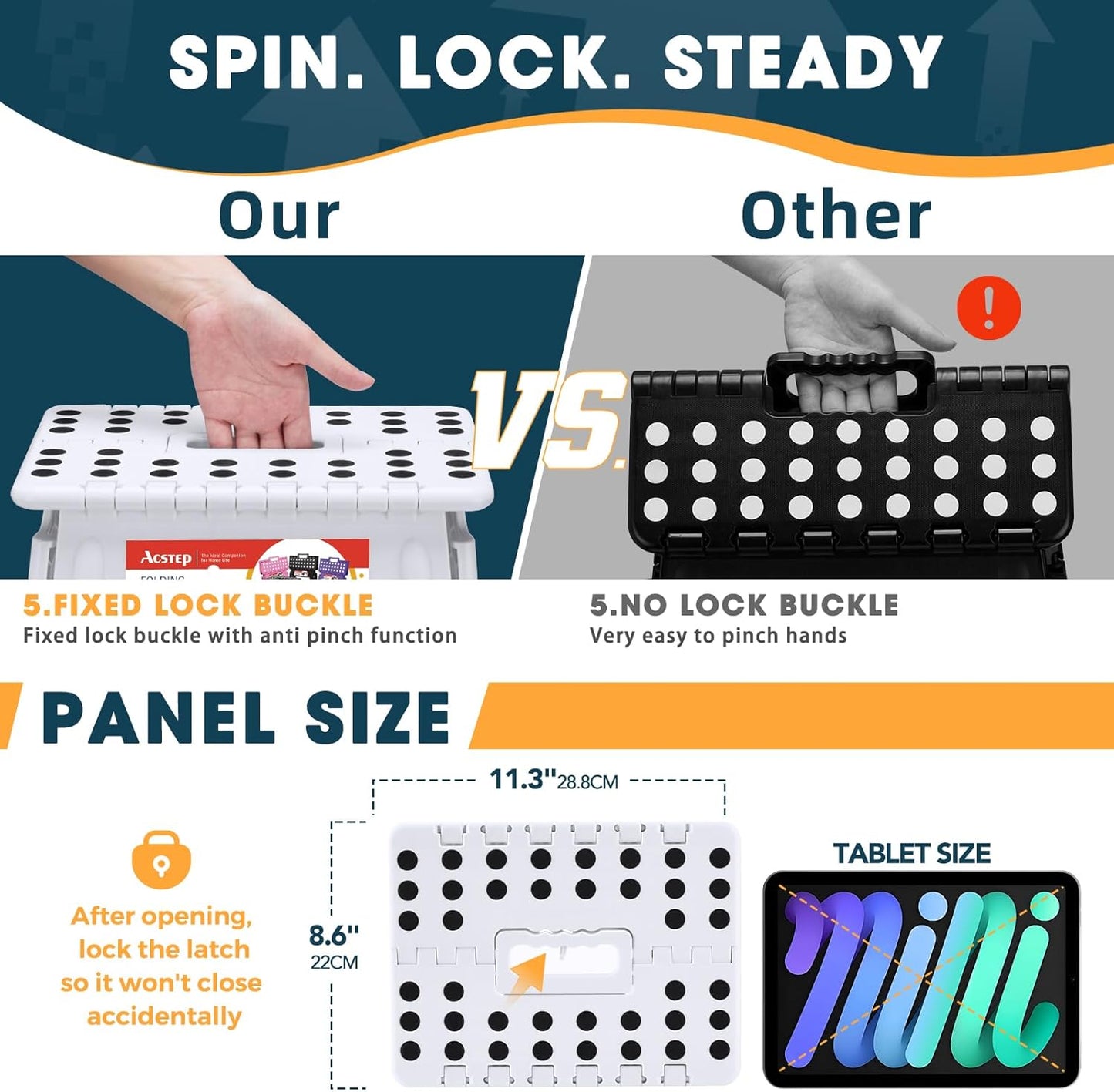 ACSTEP Folding Step Stool 17.5 Inch Heavy Duty Step Stool Foldable for Adults and Kids, Collapsible Stepping Stool with Handle, Non Slip Folding Stools for Kitchen Hold Up to 400lbs (White 1PC)