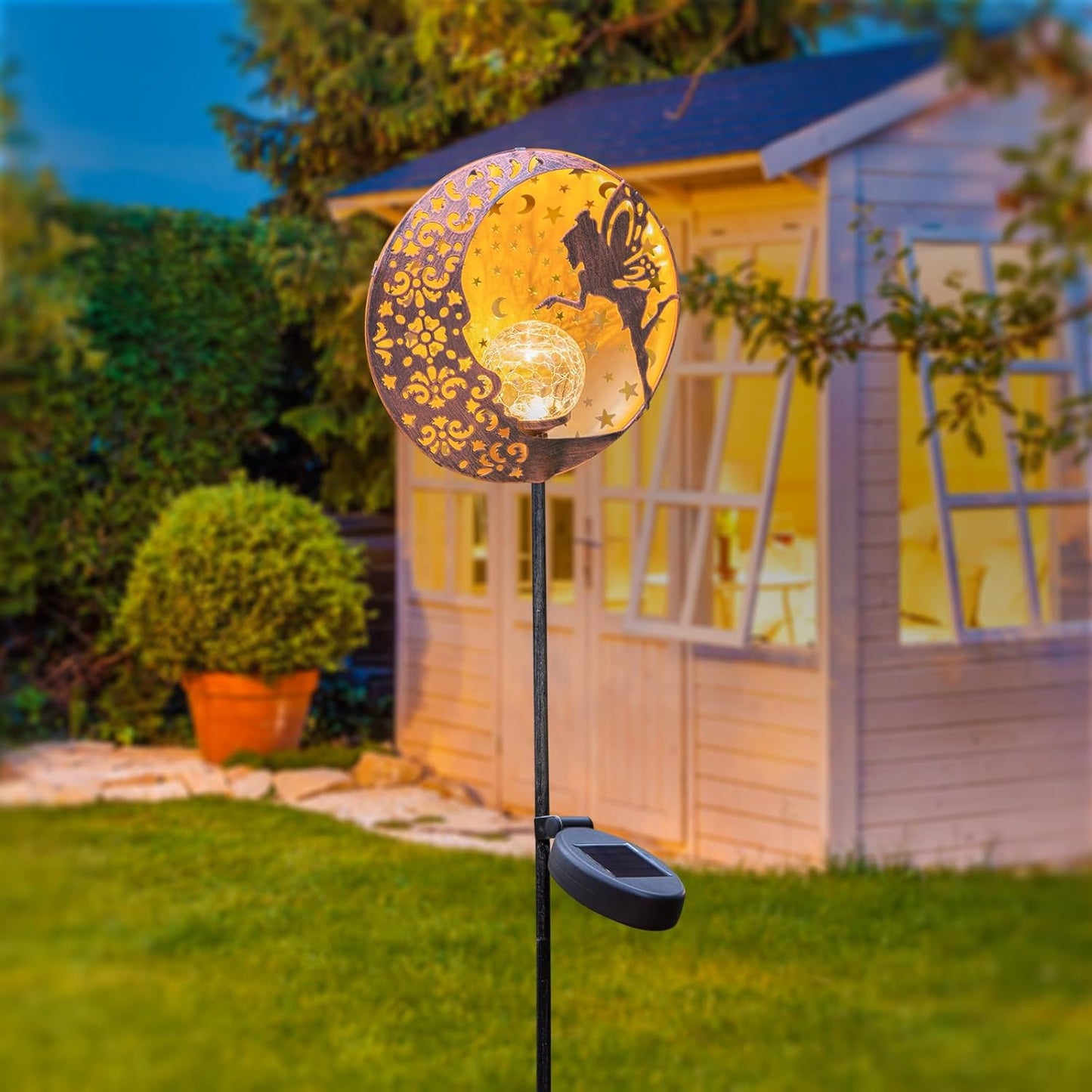 Tryme Solar Fairy Garden Lights - Moon Star Glass Globe Pathway Stake, Waterproof Outdoor Decorative Lights for Patio, Yard, Lawn