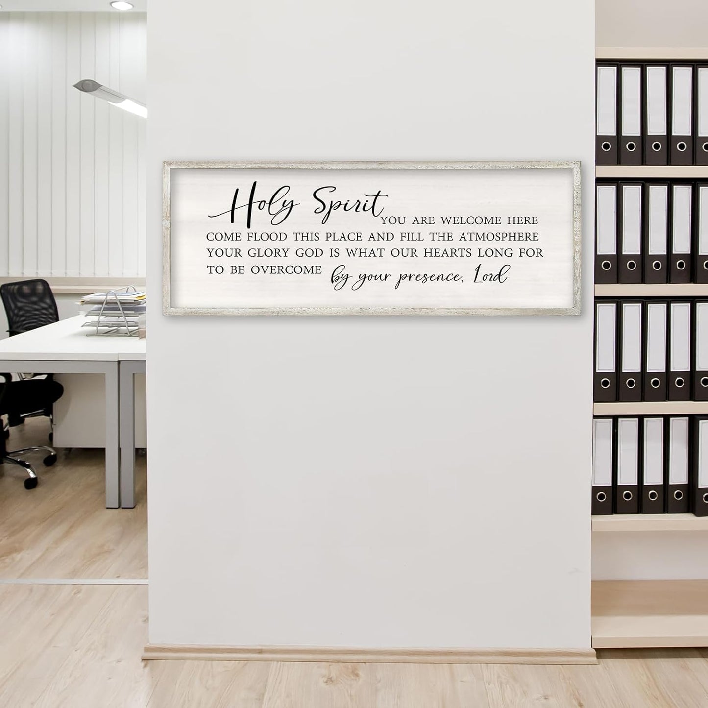 RLWangChao Christian Inspirational Wall Decor Holy Spirit You are Welcome Here Sign 40×15 Inch Bible Verse Plaque Religious Scripture Quote for Living Room Large Wood Framed Wall Hanging (White)