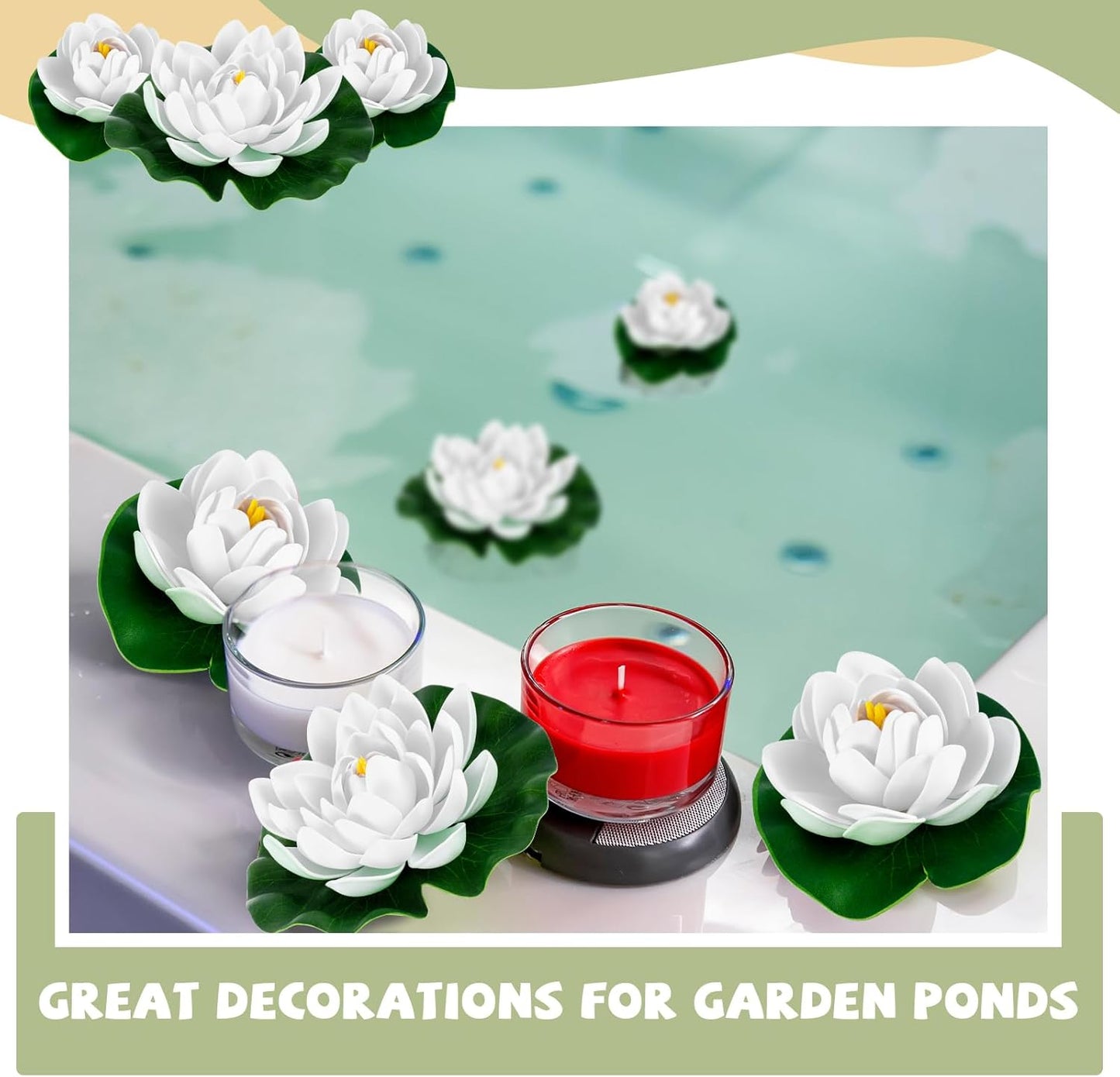 Yunlly 24 Pcs Floating Foam Lotus Flower with Water Lily Pads Artificial Floating Pool Flowers Lifelike Pond Accessories Floating Pool Decorations for Home, Garden Aquarium Party Wedding Decor, White