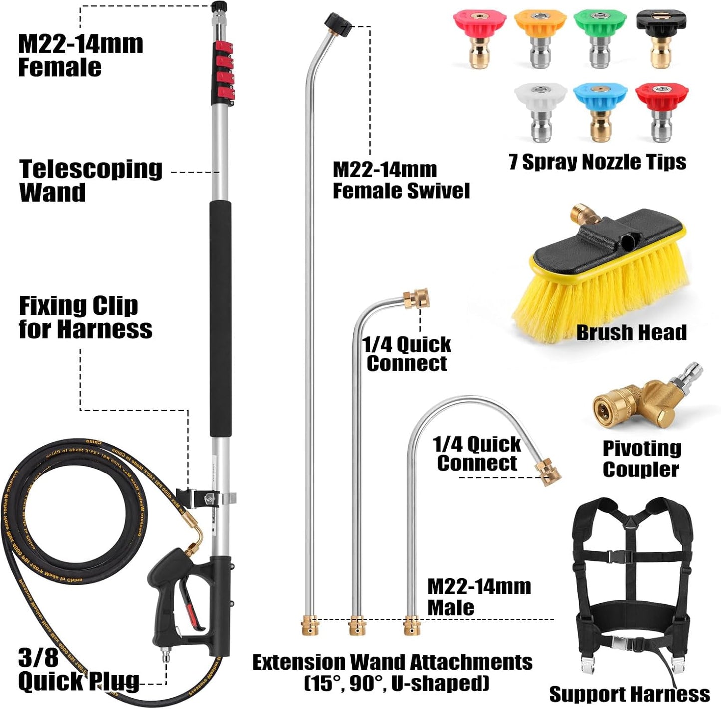 24FT Telescoping Power Washer Extension Wand, Gutter Cleaning Tools with Brush Head, 4 Adapters, 7 Spray Nozzles, Upgraded Support Belt, Pressure Washer Wand Extension for Wall Roof Gutter