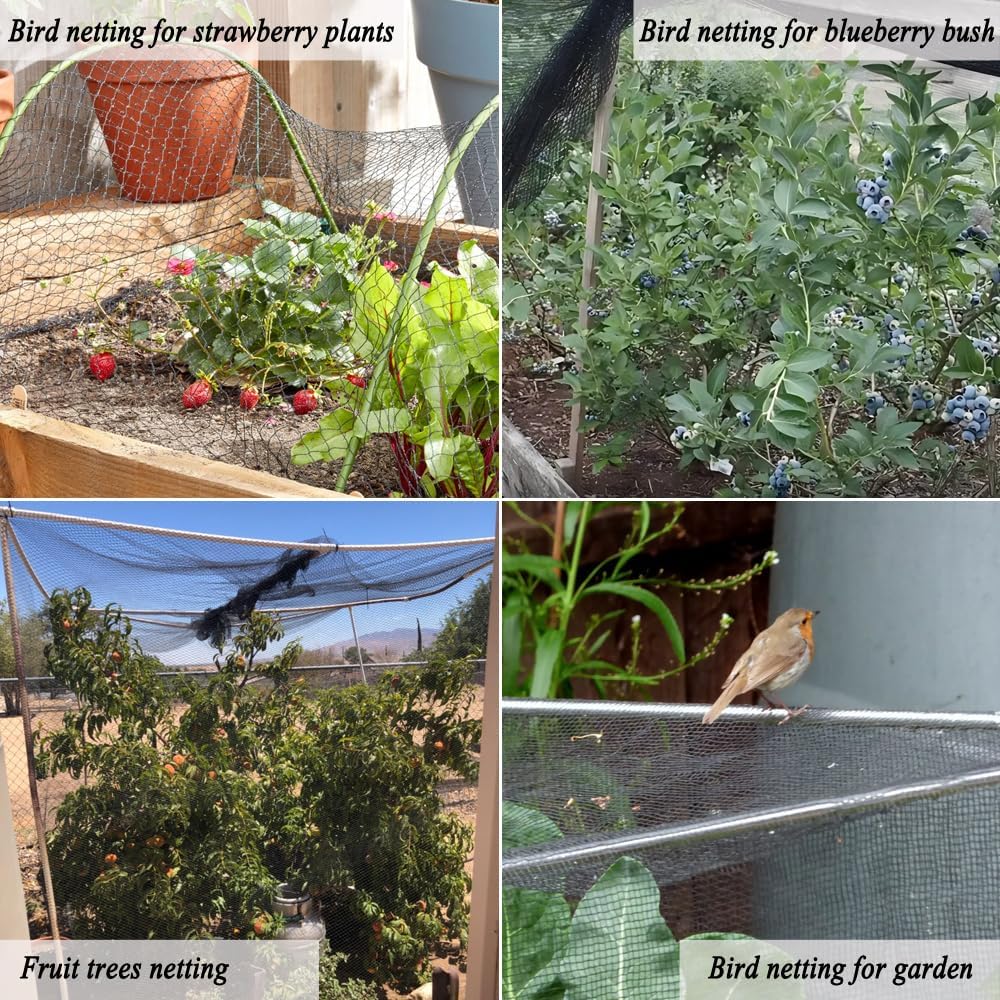 Junflying Bird Netting for Garden, 7.5X100 FT, 1/2“ Mesh, Strong Woven Deer Fence Netting for Garden Protection with Ties, Protect Vegetables, Fruit Trees, Blueberry Bushes, Strawberry Plants