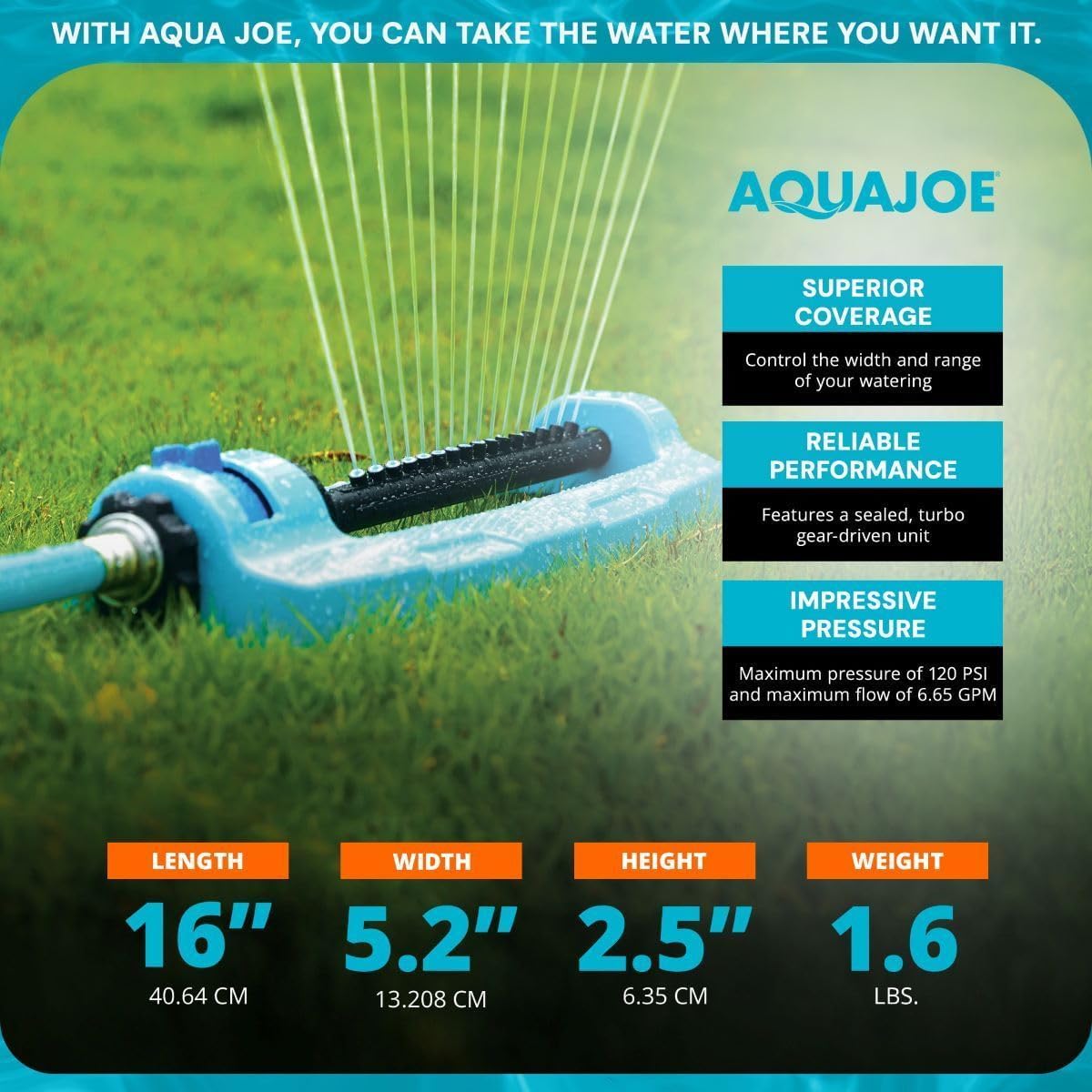 Aqua Joe SJI-OMS16 Indestructible Oscillating Sprinkler with Adjustable Spray and Metal Base, 3600 Sq. Ft. Coverage Max, 70-Foot Spray Distance Max, and 37.8-Foot Spray Width Max