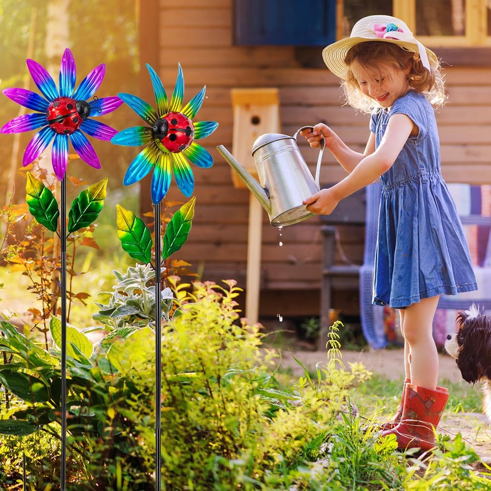 2 Pack Wind Spinner Outdoor,Waterproof Metal Windmill with Ladybug,Pinwheels for Yard and Garden, Flower Wind Sculpture & Spinner for Patio Lawn Decor