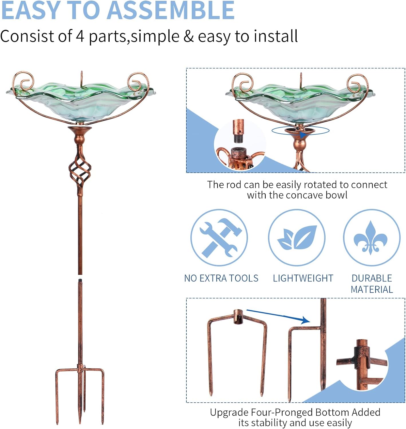 VCUTEKA Bird Bath Glass Outdoor Birdbaths Garden Yard Decor Bird Feeder with Metal Stake Green
