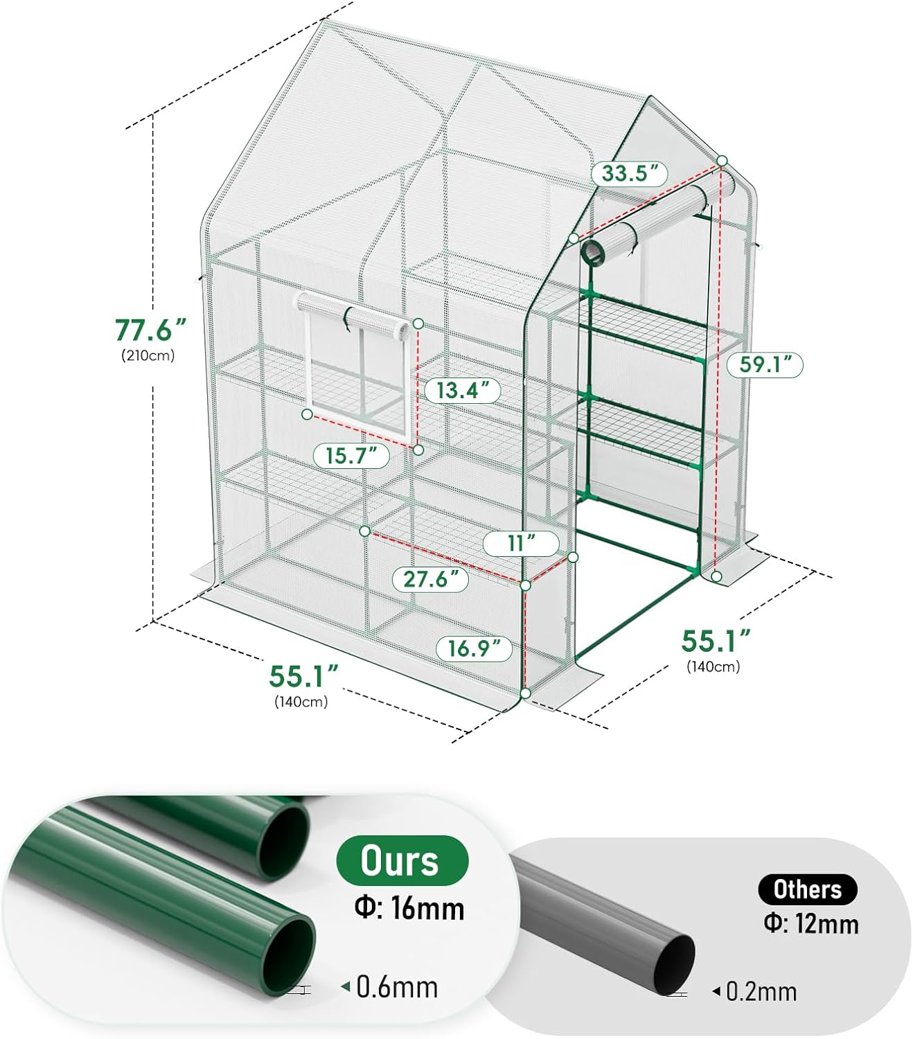 56×56×78Inch Walk-in Greenhouse, Heavy Duty Small Plant House with Thicken PE Cover and Steel Frame, for Garden, Outdoors, Indoors, White
