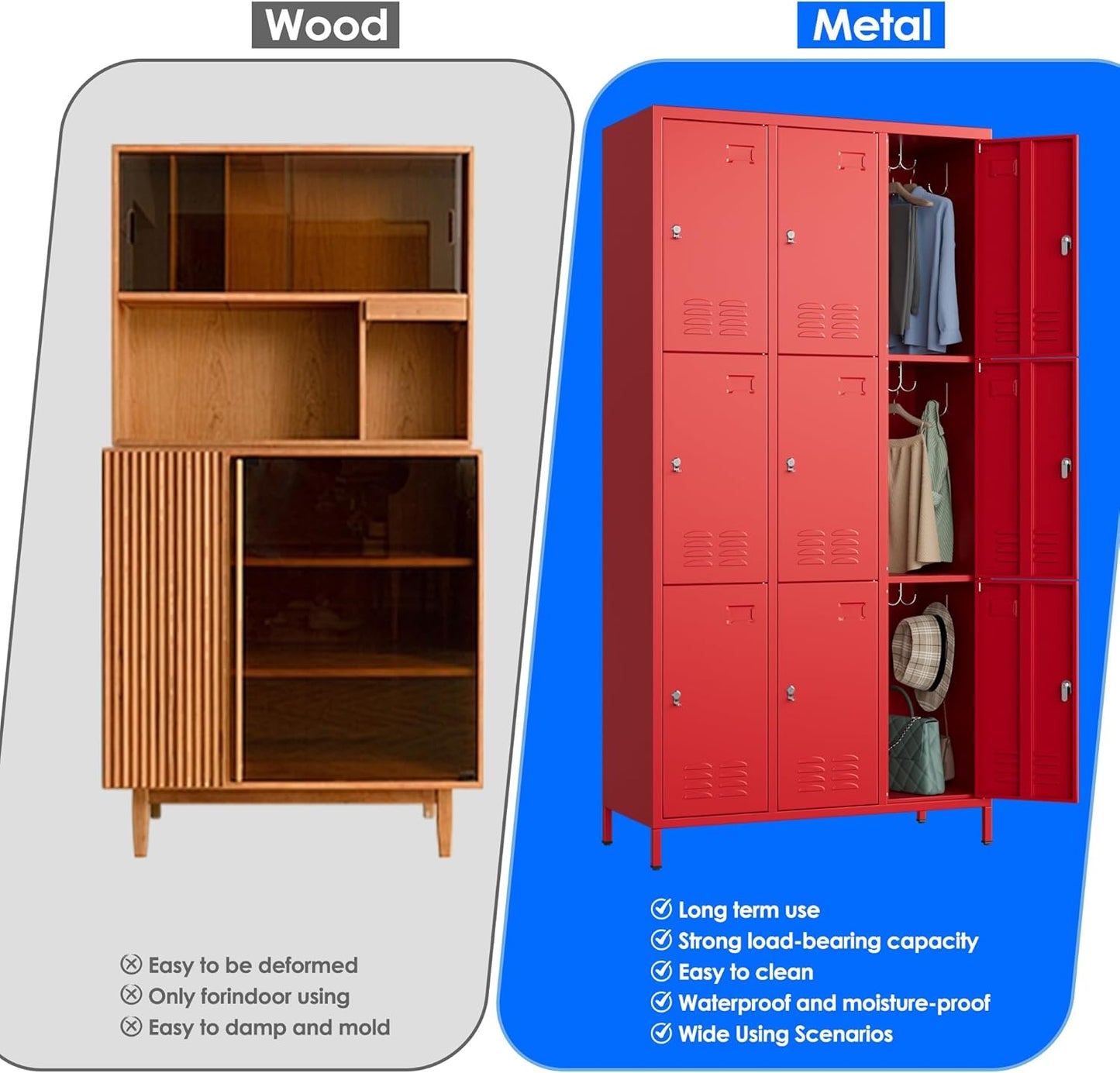 9 Doors Metal Locker with Business Card Holder and 27 Hooks,Metal Locker for Employees with Ventilation Holes for School Garage Office Gym Home,Assembly Required,Red