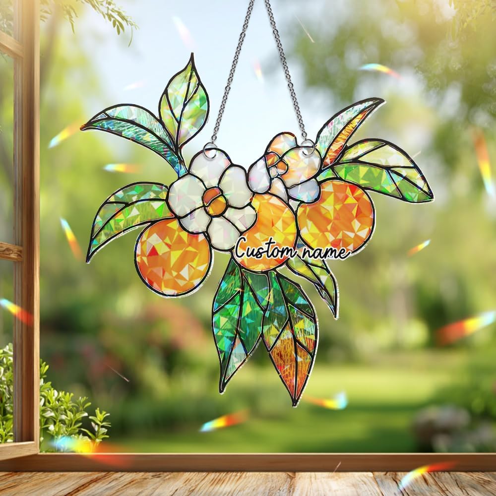 Personalized Orange Blossom Suncatcher – Stained Glass Citrus Window Hanging, Sun Catchers Indoor Window Decor for Kitchen or Garden Gift, Plant Gifts for Women, Grandma, Mother's Day, Christmas