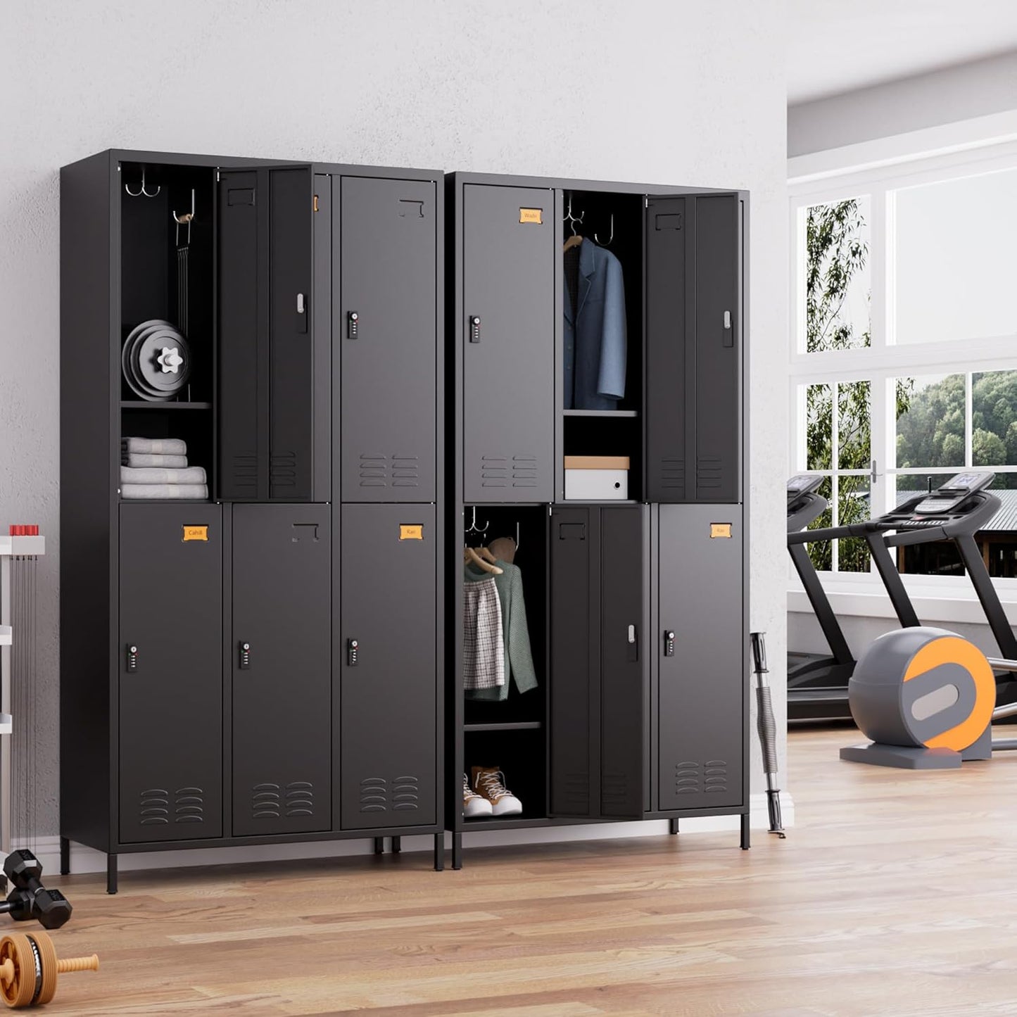 6 Doors Metal Lockers for Employees with Combination Locks and 6 Shelves, Storage Locker with 18 Hooks and Business Card Holder for Office Gym School Bedroom, Assembly Required, Black